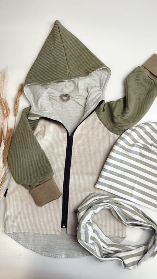 Kuscheljacke in Dünengras & Creme – Mit Kapuze