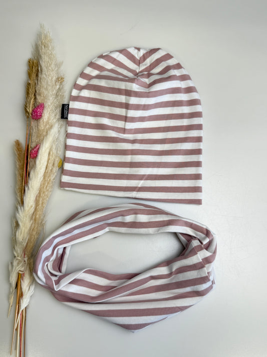 Gestreiftes Beanie & Loop Set „Altrosa“ – kuschelig weich & stylisch