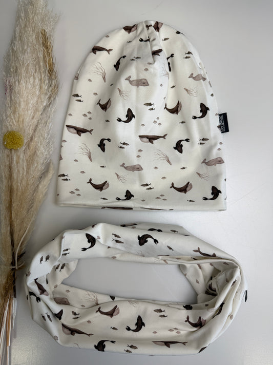 🐋 Beanie & Loop Set – Kleine Wale, große Liebe fürs Meer