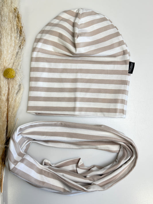 Gestreiftes Beanie & Loop Set „Sand“ – kuschelig weich & stylisch