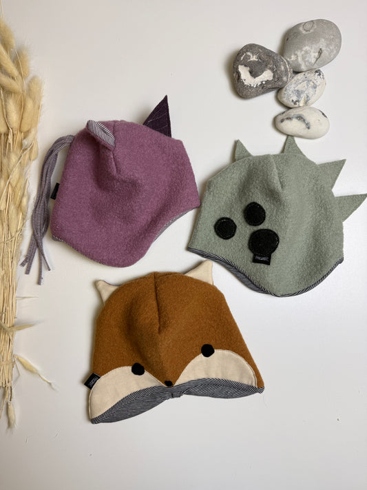 🦖🦊🦄 Tiermützen aus Wollwalk – handgemacht mit Liebe