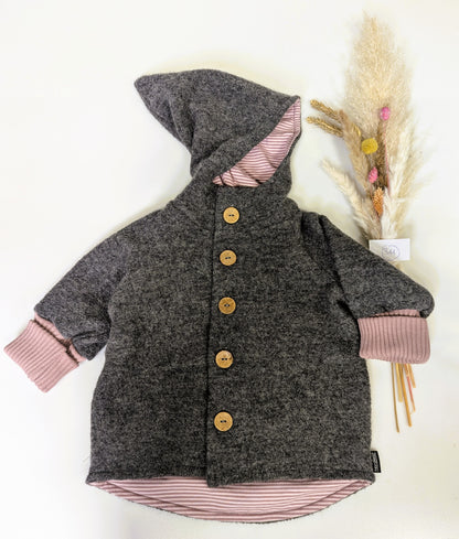 311 Wollwalk-Jacke - Stein/Rosa, Rib-Bündchen