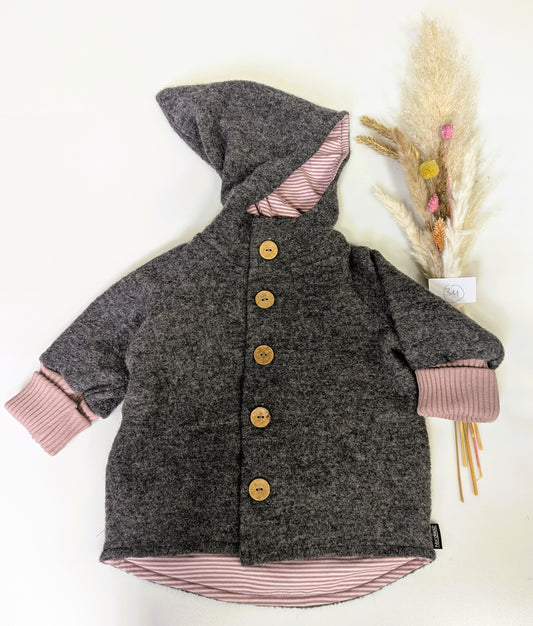 311 Wollwalk-Jacke - Stein/Rosa, Rib-Bündchen